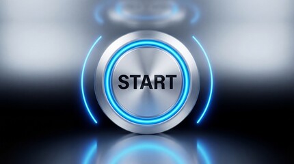 Glowing blue start button with light effects isolated on transparent background for digital interfaces