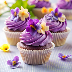 Vibrant purple cupcake decorated with delicate butterfly and pansy flowers