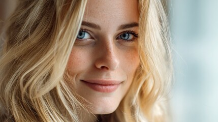 Naklejka premium A close-up portrait shows a fair-skinned woman with striking blue eyes, freckles, and light blonde, wavy hair, smiling softly
