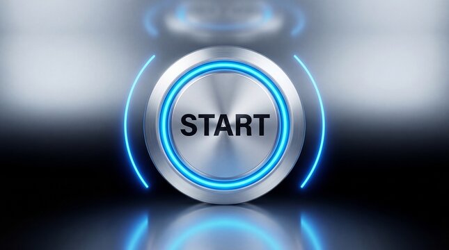 Glowing blue start button with light effects isolated on transparent background for digital interfaces - Powered by Adobe