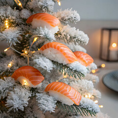 Salmon nigiri sushi ornaments artfully placed on a frosted surface,