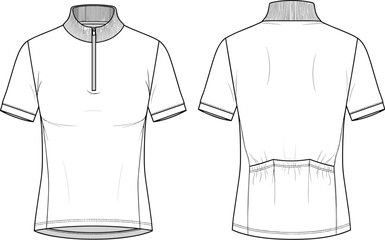 Women short sleeve zip top technical fashion illustration, front and back view, fitted casual apparel design template, sporty garment, cad drawing flat vector