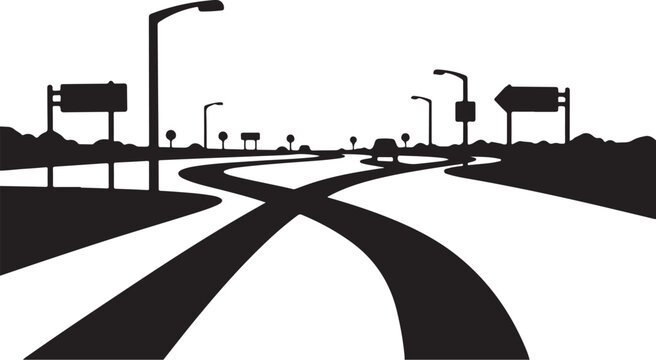 Black and white highway road with multiple lanes illustration