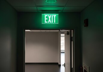 Illuminated green exit sign glows brightly above an open doorway in a hallway.