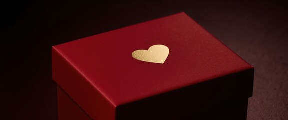 Elegant red gift box with golden heart symbol isolated on dark background perfect for romance valentine anniversary luxury packaging
