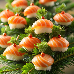 Salmon nigiri sushi ornaments artfully placed on a frosted surface,