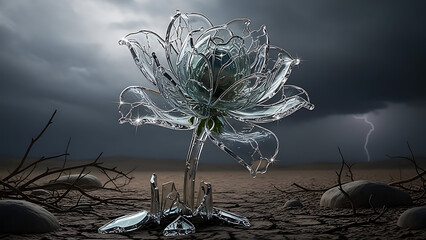 A glass flower stands resilient against a stormy desert backdrop with lightning