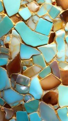 Artistic Mosaic: Close-up shot showcases a beautiful mosaic made of irregular-shaped ceramic tile pieces in various colors.