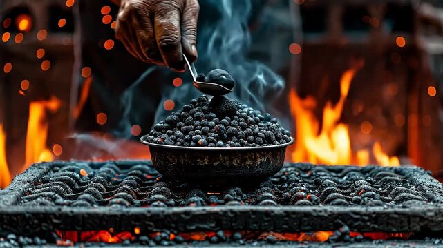 Grilling blackberries. A person adds blackberries to a bowl by an open flame in a busy kitchen, preparing to cook.