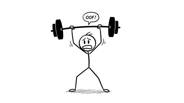 Exhausted Stick Figure Character Struggling to Lift Heavy Barbell with "Oof!" Text on Isolated White Background