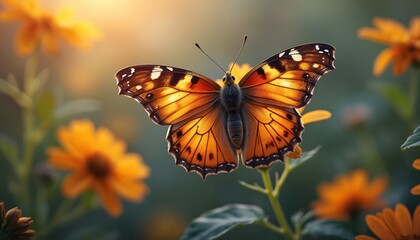 Painted lady butterfly sits on flower. Insect feeds on nectar, pollinates blossom. Colorful wings detail shows delicate pattern. Concept of beauty nature, metamorphosis, growth, rebirth, transience,