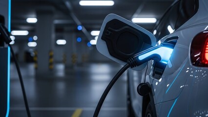 Futuristic Electric Car Connected to Charging Station At The Park