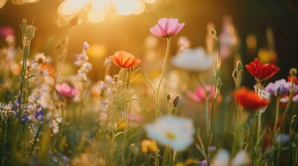 A vibrant field of wildflowers blooms under a golden sunset in early summer, creating a tranquil atmosphere of natural beauty