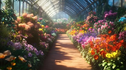 A vibrant garden path surrounded by blooming flowers in a glasshouse during daylight hours
