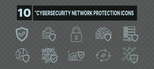 10 cybersecurity network protection icons set security, data protection, firewall, encryption, antivirus, vpn, server defense, threat detection, digital safety, lock