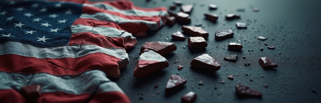 Broken American flag lies among shattered stones. Concept shows division. Political commentary on crisis. Symbol of fragile oneness, challenge, decay. Image illustrate despair, loss, identity,