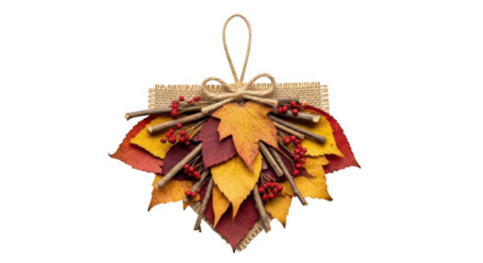 Autumn leaf and berry decoration with twigs and burlap isolated on a transparent background fall leaves
