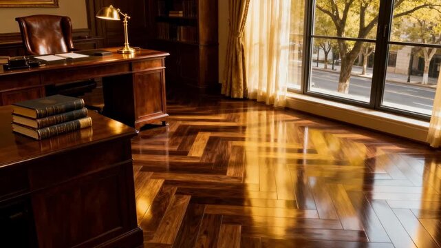 Medium shot of a study featuring a classic herringbone floor pattern that complements the sophisticated and cozy workspace environment