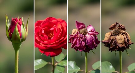Rose stages from bud to wilted flower illustrate the cycle of life.