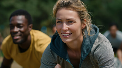 A diverse group of colleagues engaged in a lively outdoor team-building exercise, laughing and collaborating as they navigate a challenging obstacle course together in a sunny park setting.