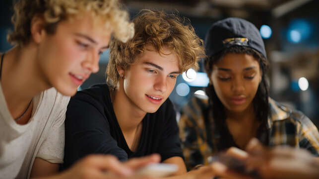 A group of friends gathered around a table, each engaged in screen time with their various devices, showcasing the blend of social interaction and technology as they enjoy digital gaming and - Powered by Adobe