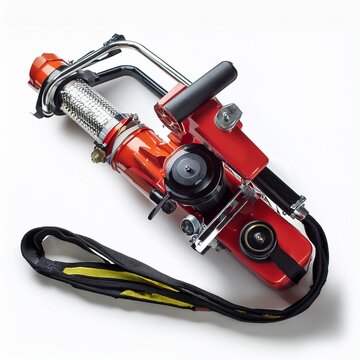 An American firefighting hydraulic tensioner-cutter isolated on a pure white, shadow-free background, presented with a clean, minimal look ideal for rescue equipment catalogs and mockups.