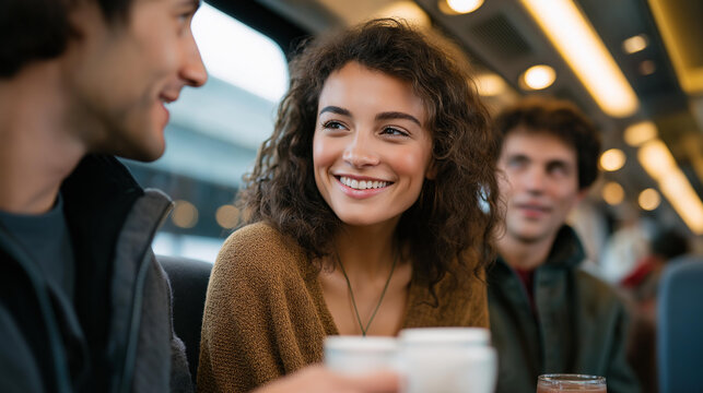 A cozy caf&eacute; setting inside a train travel car, where travelers are sharing stories and laughter over coffee, encapsulating the camaraderie and connections made on the road. cinematic color