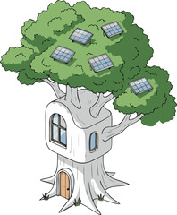 Isometric Eco Friendly Tree House with Solar Panels Sustainable Green Architecture Vector Illustration