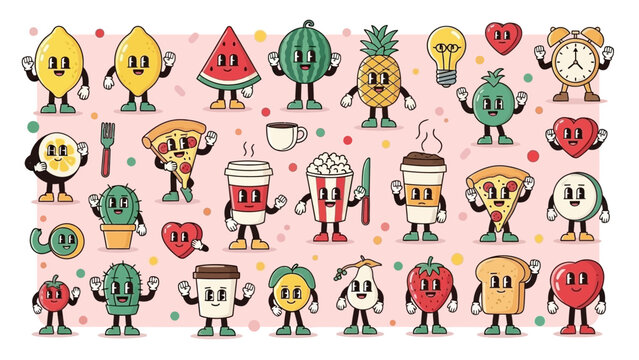 Retro Cartoon Food Characters Collection: Whimsical Vintage Style Vector Illustrations