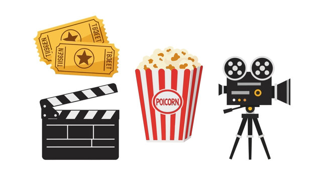 Cinema Entertainment Icons: Popcorn, Tickets, Movie Camera and Clapperboard
