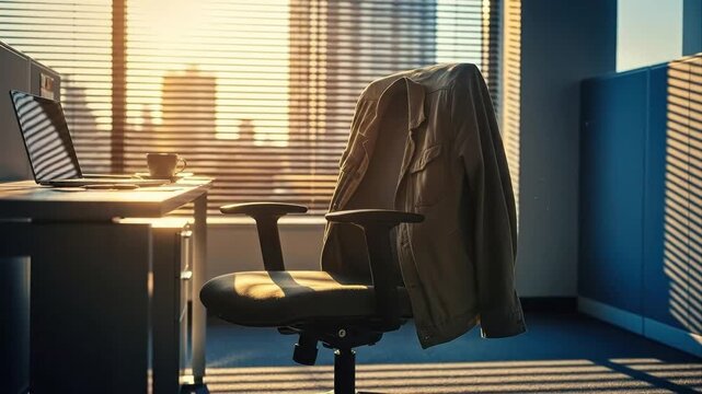 Office desk with jacket on chair in sunlight