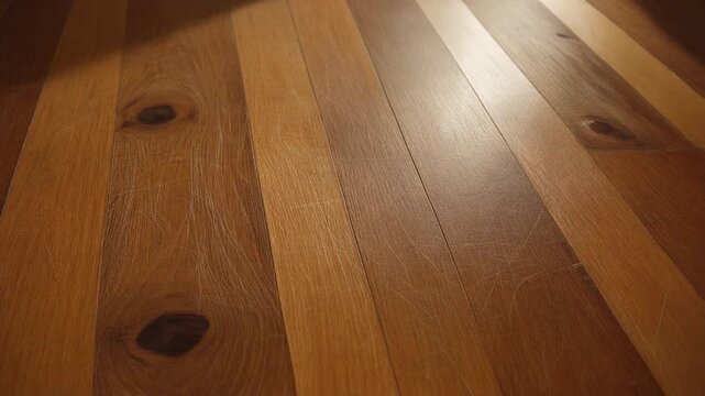 A close-up view of wooden floorboards illuminated by a beam of light