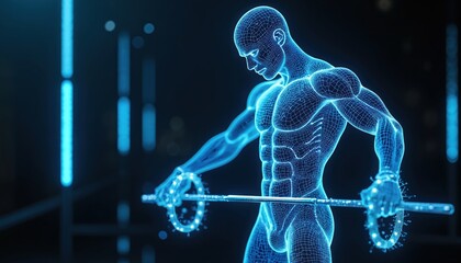 Digital man lifts weights. Virtual bodybuilder barbell workout. Wireframe human figure shows muscles. Fitness tech for weight training. AI monitors sport exercise in metaverse with future