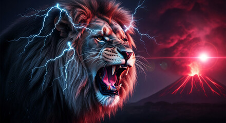 Close-up of roaring lion head with bright lightning effects and volcano in background. Represents strength, danger, and primal power in nature