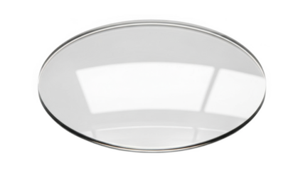 Clear glass lens with metallic rim reflecting light and shadows isolated on a transparent background