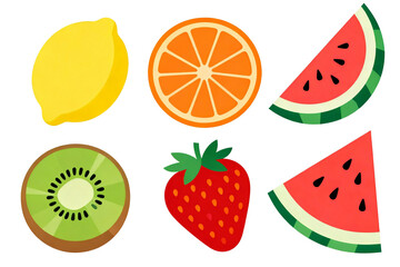 Illustration of various fresh fruits including lemon, orange, watermelon, kiwi, strawberry