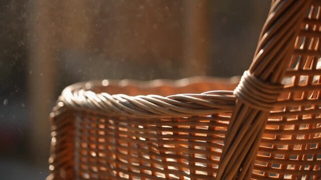 A wicker basket stands in a sunlit room with natural light casting shadows on its intricate weave