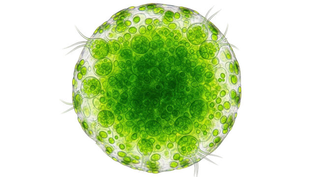 Close up of a green spherical microorganism with internal vesicles and external cilia isolated on a transparent background
