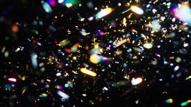 Beautiful iridescent light on black background, dark background with a prism light effect, glowing colorful lights and bokeh lens flare overlay, sunlight refraction, shiny lights in the dark.