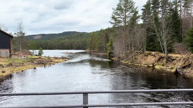 gently flowing dark water winds between forested banks distant low hills muted spring tones leafless trees visible norway nature forest winding river landscape rural 