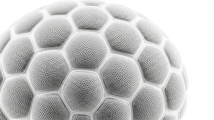 Close up of a textured spherical object with hexagonal patterns isolated on a transparent background