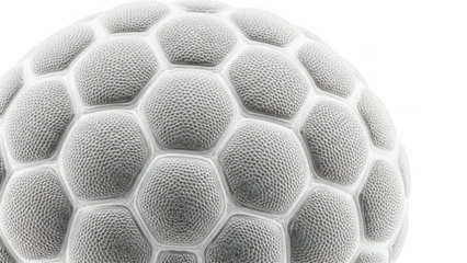 Close up of a textured spherical object with hexagonal patterns isolated on a transparent background