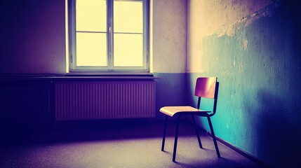 Fototapeta premium melancholy. Single desk in corner of empty classroom with soft natural light. wellbeing guides, coaching materials, designed for mental health education and mindfulness programs.