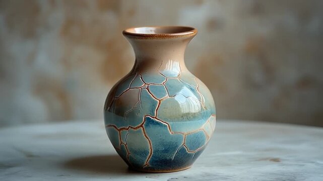 A serene ceramic vase with kintsugi repair sits elegantly on a marble surface against a soft, muted background.