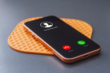 Incoming call interface displayed on modern smartphone on a table. Concept of mobile communication, phone call notification, digital contact and customer support.