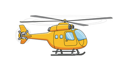 Fototapeta premium Modern yellow helicopter with a tail rotor and landing skids shown mid flight with rotating blades against a simple and plain white background.