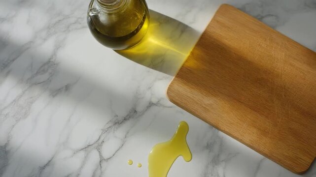 Olive oil spills from a glass bottle onto a marble surface near a wooden cutting board in a kitchen setting