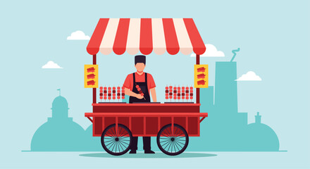 Naklejka premium Street food vendor standing at red cart with striped awning selling grilled meat skewers, urban food culture illustration art.