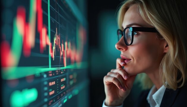 Blonde woman watches stock market data on monitor. Female trader analyzes financial charts. Professional investor thinks about strategy. Girl looks at screen with stock prices graphs.