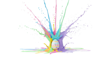 Easter egg with colorful paint splash explosion and droplets isolated on a transparent background image